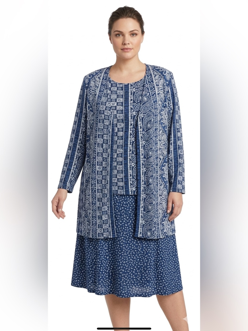 Leslie Fay 3-Piece Outfit Set Blue White Jacket Vintage Top Skirt 16W 16W 18W
